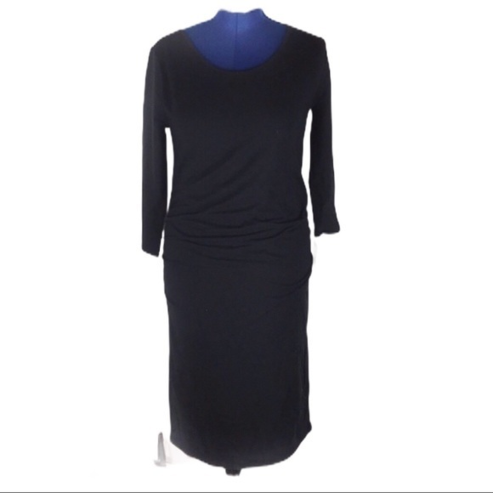 NWT Isabel‎ Maternity L black ruched long sleeve crew neck stretch midi dress